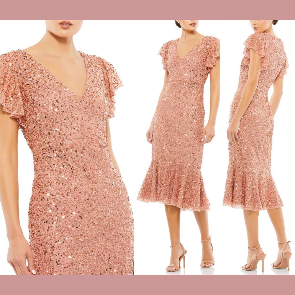 NWT Mac Duggal [ 4 ] 10801 Sequined V-Neck Flutter‎ Sleeve Dress Rose Gold #J545